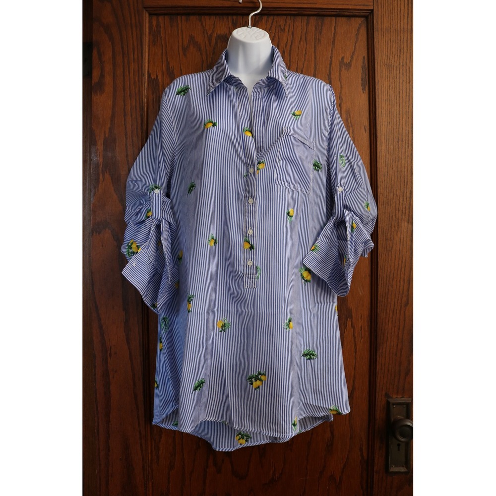 LIVE 4 TRUTH Lemon Embroidered Striped Tunic Shirt Women Large Blue White Coast